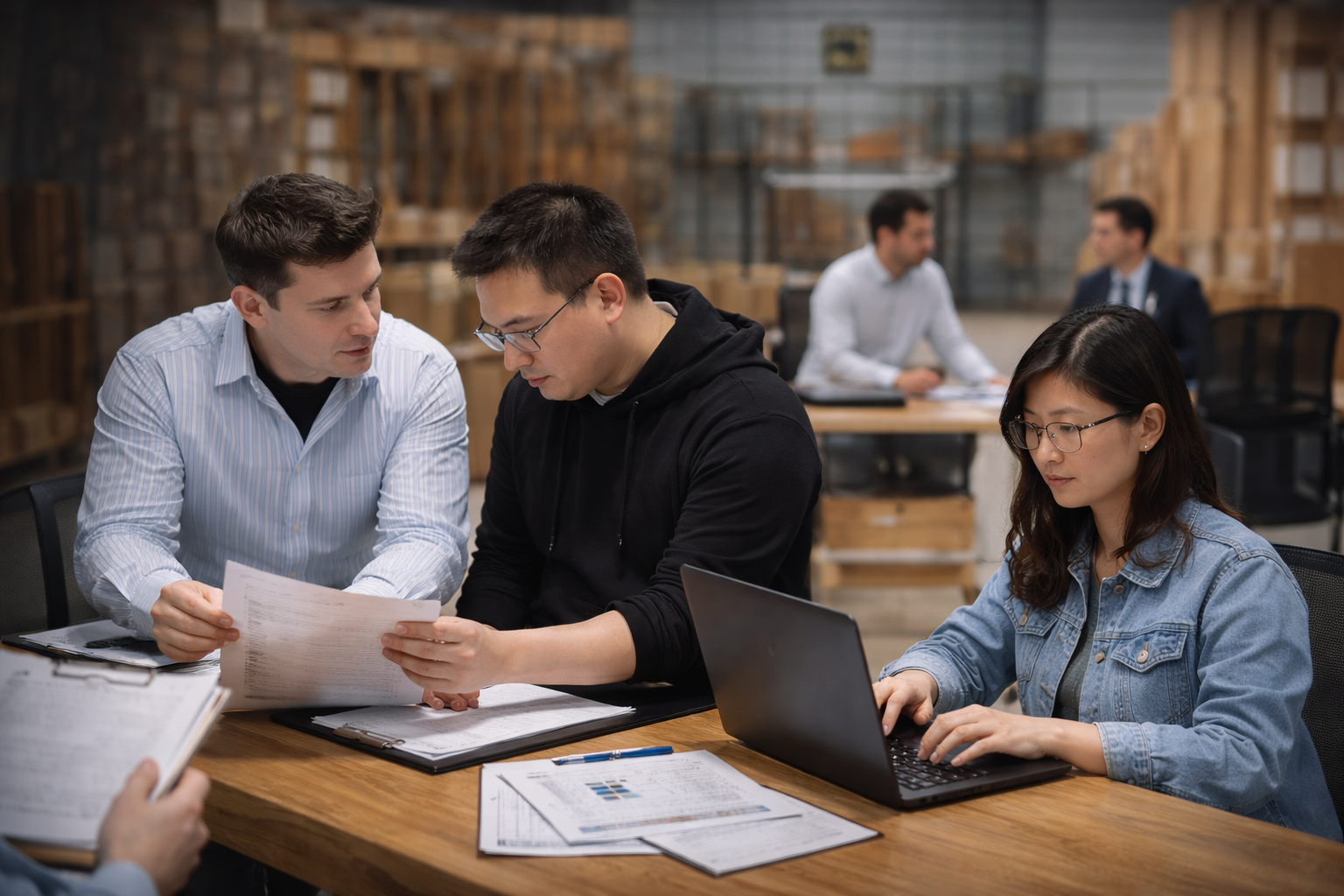 Western and Chinese professionals reviewing sourcing documents and supplier information in a warehouse setting