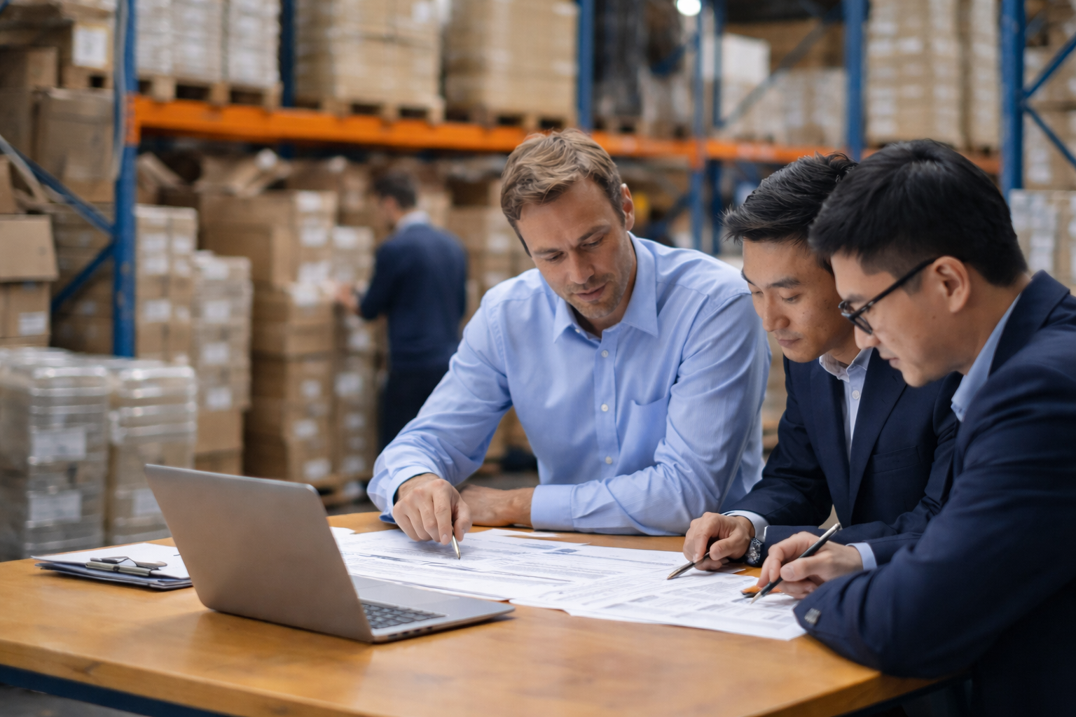 Western and Chinese professionals reviewing contract documents and supplier terms in a warehouse setting