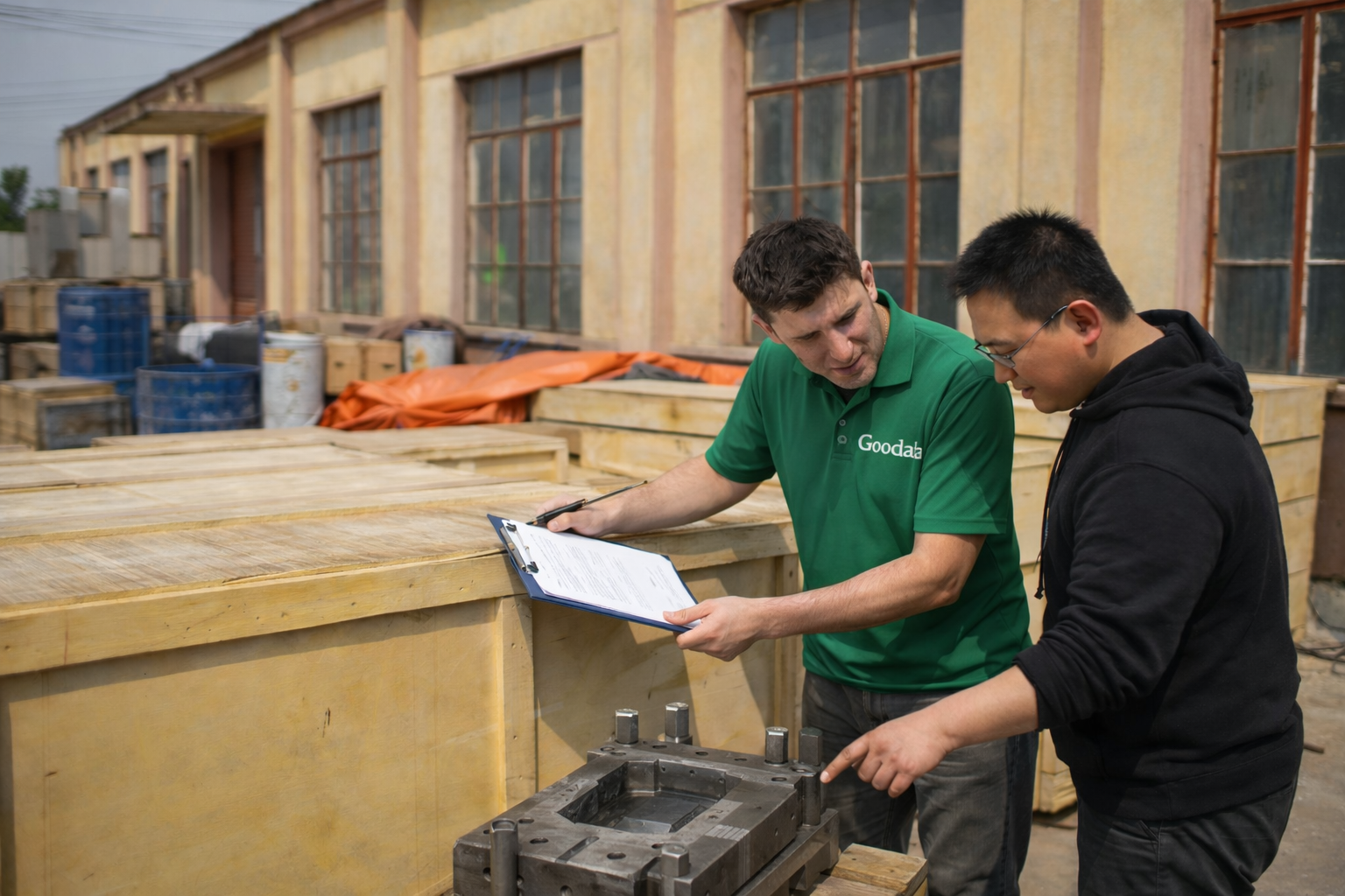 Western and Chinese inspectors reviewing a metal mold and inspection paperwork beside shipping crates in China